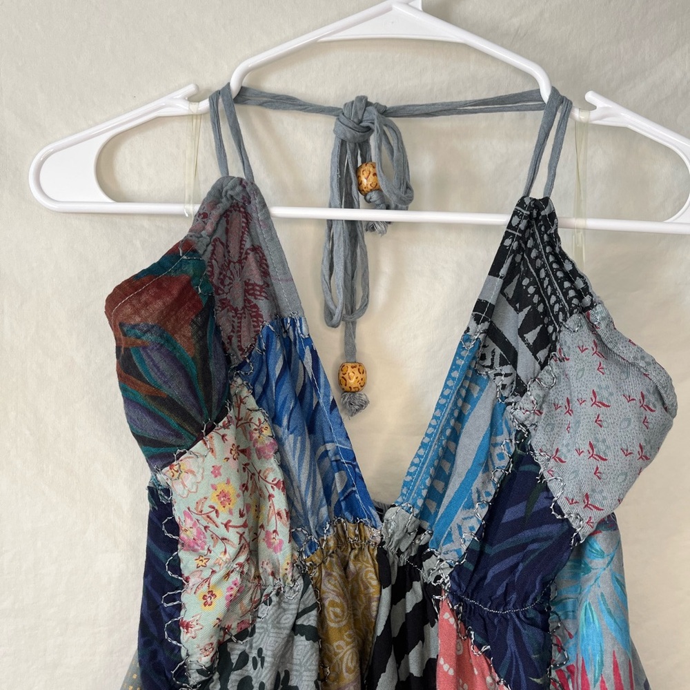 Kantha boho hippie colorful patchwork Asymmetrical handkerchief hem dress OSFM - Picture 5 of 12